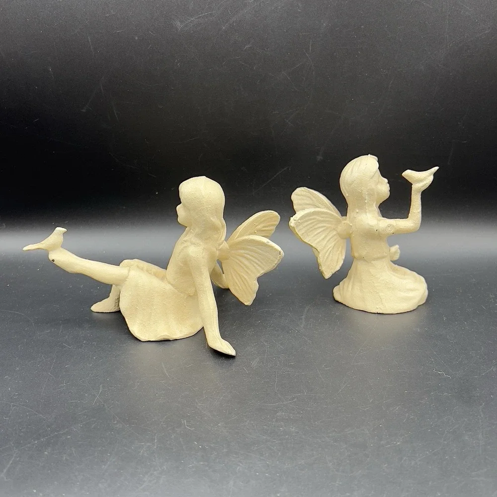 Vintage CAST IRON FAIRY WITH BIRD ON HAND & Playful Garden Fairy Cream Rustic
